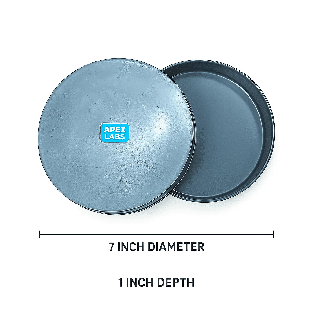 aluminium petri dish 7 inch with label 7″ Aluminium Petri Dish with Lid | 7×1″ Moisture Tin