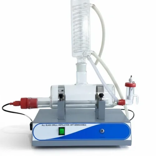 all glass horizontal water distillation unit, 2 lph glass water distillation, 2 ltrs per hour water distiller, laboratory glass distillation unit, automatic glass water distiller, horizontal glass still 2l, pyrogen free water distillation, scientific glass water distiller, double distillation apparatus glass, glass distillation unit 2 ltr hr