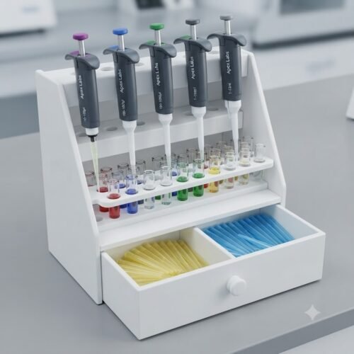 Laboratory Micropipette Stand – Multi-Rack Organizer with Integrated Storage Drawer